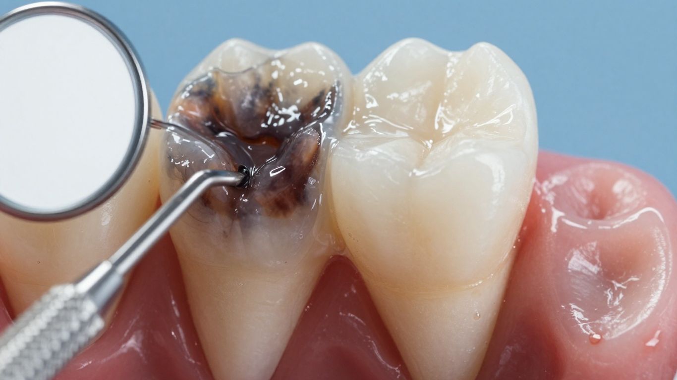 Teeth affected by advanced cavity tooth decay with visible darkened areas and enamel damage. Teeth affected by advanced cavity tooth decay with visible darkened areas and enamel damage.