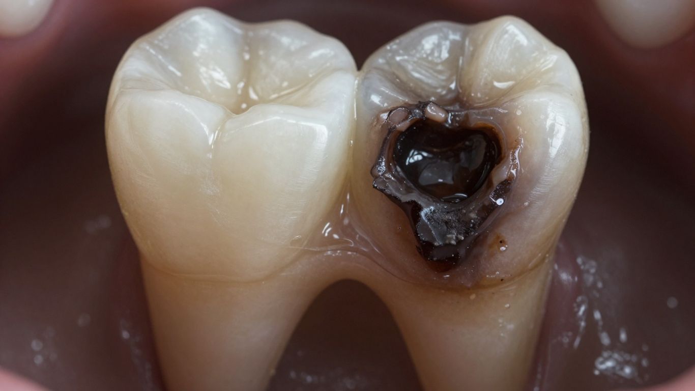 Molar tooth with cavities and tooth decay showing dark spots and enamel breakdown.