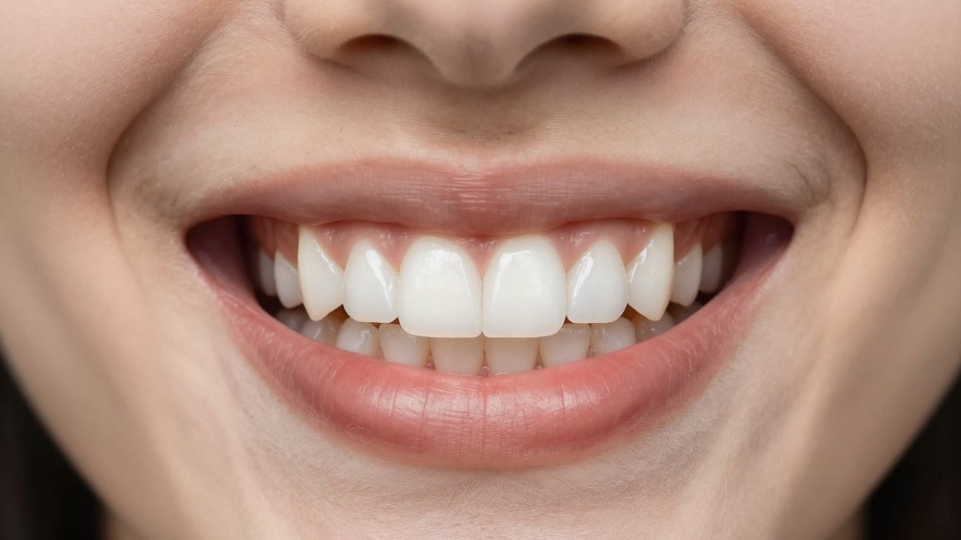 Close-up of teeth with dental veneers showing smooth, natural-looking porcelain surfaces. Close-up of teeth with dental veneers showing smooth, natural-looking porcelain surfaces.