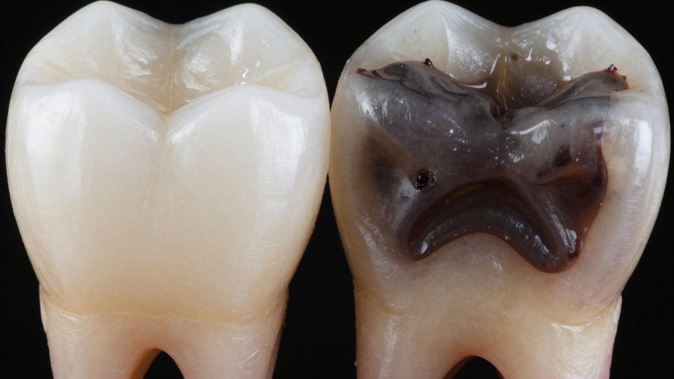 Close-up of teeth with visible cavities and signs of early tooth decay on enamel. Close-up of teeth with visible cavities and signs of early tooth decay on enamel.