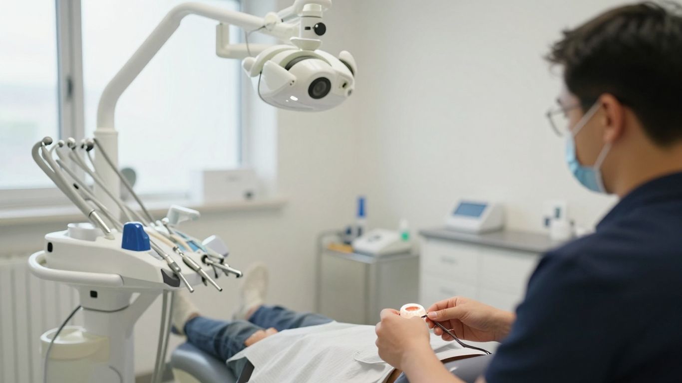 An orthodontist wearing a mask examines a dental impression mold with a patient reclined in the treatment chair, part of the process for diagnosing teeth misalignment.