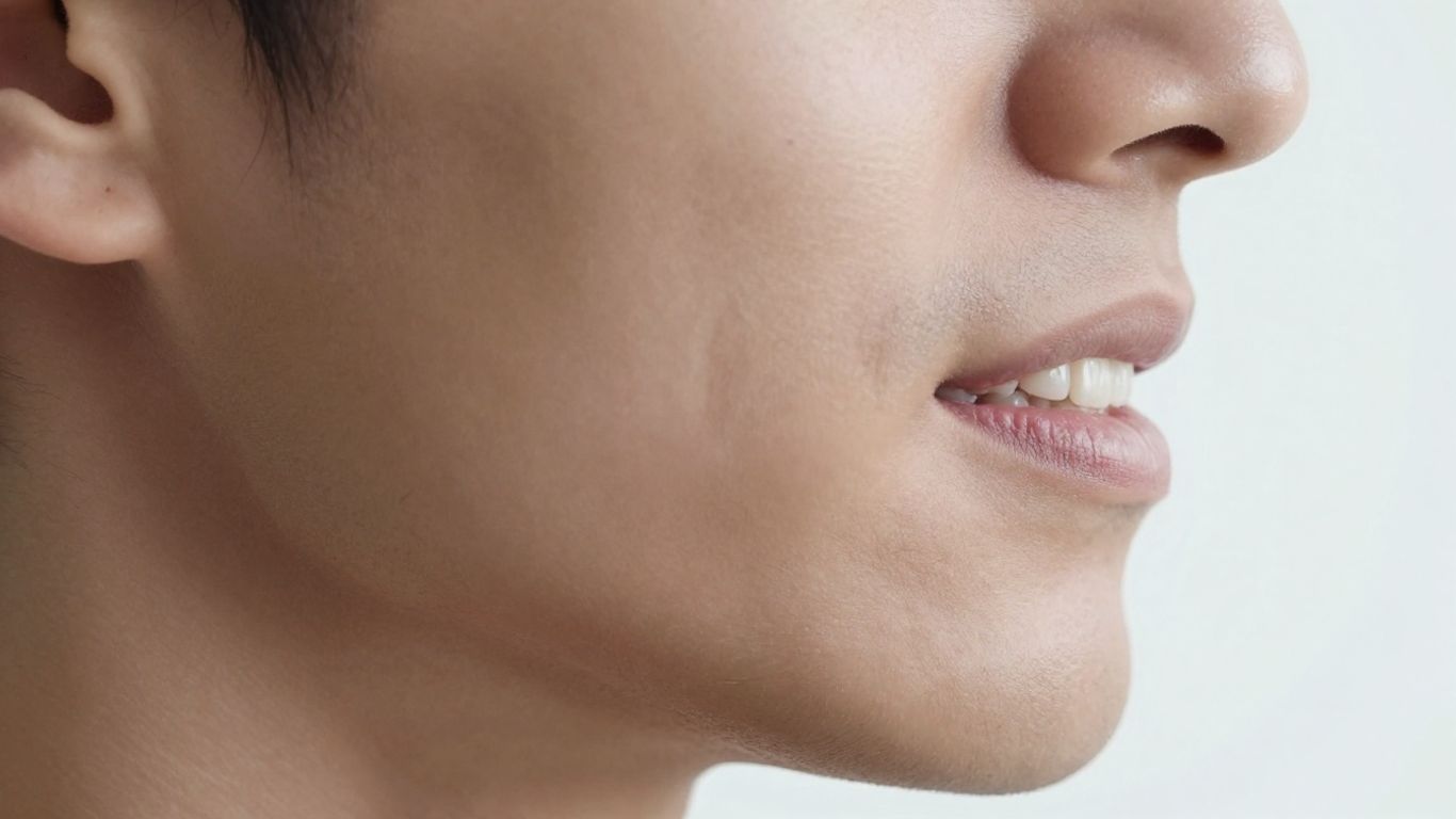 Close-up side profile of a young man's jaw and mouth, showing the bite position affected by teeth misalignment.