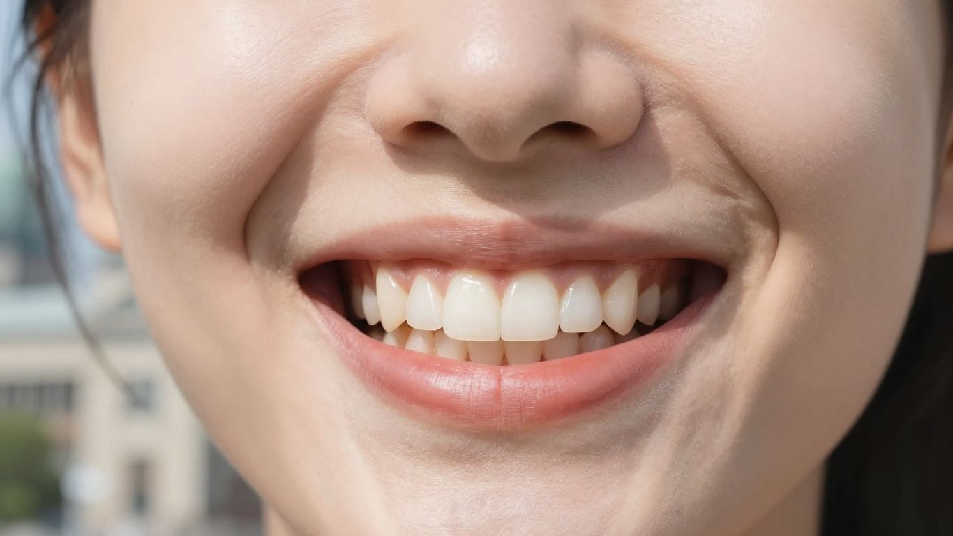 Close-up of a woman's smiling mouth showing the upper front teeth, illustrating one of the common types of teeth misalignment discussed in this guide.