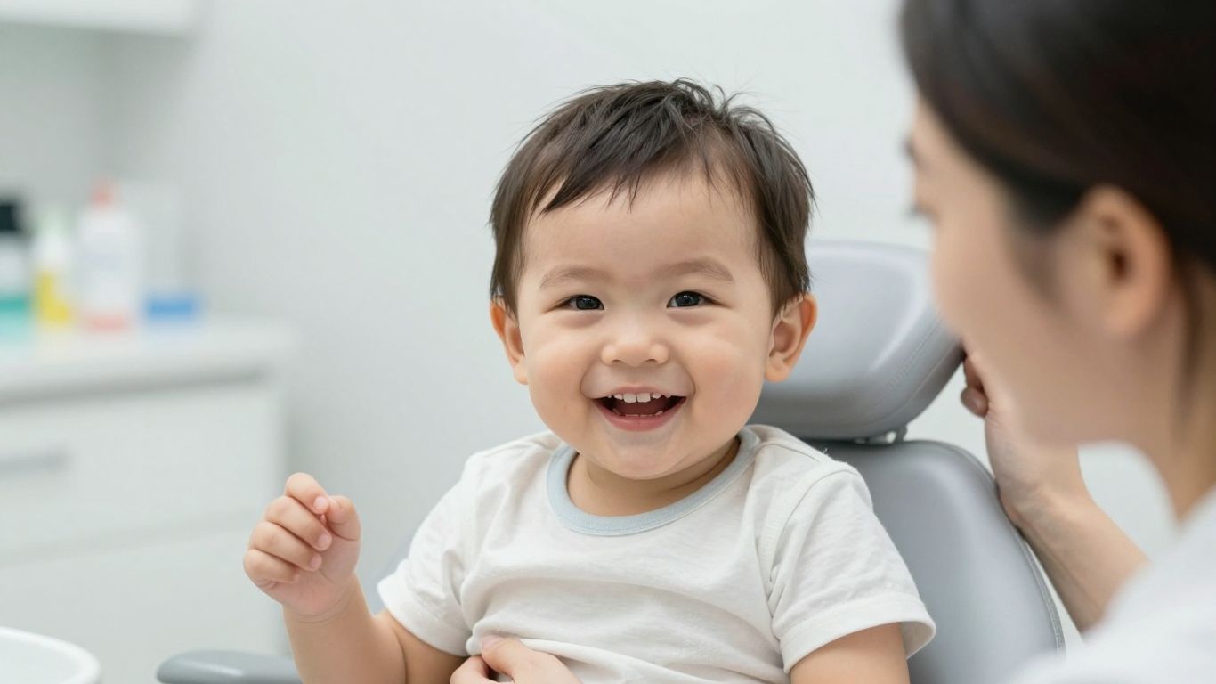 Close-up of crooked milk teeth in a toddler's smile.