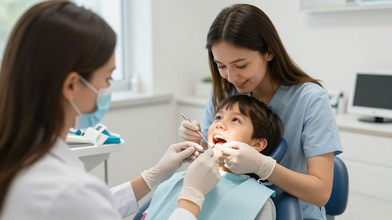 Early Orthodontic Evaluation for Crooked Teeth Orthodontist evaluating a child's crooked milk teeth during a consultation.